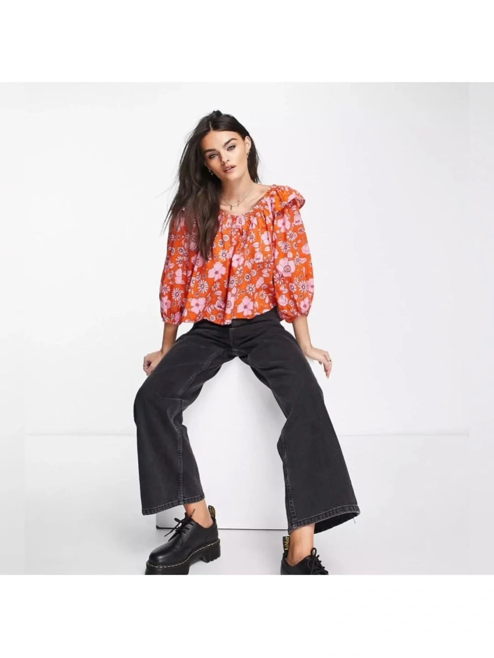 Free People Miss Daisy Pink and Orange Heat Wave Floral Smocked Peasant Blouse